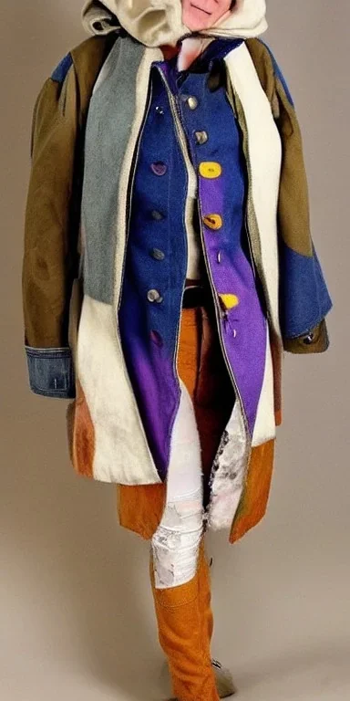 European cool woman. Mantle is sewed of recycled Denim and sewed together of recycled polymer felt. Camouflage colors are terracotta, cream and purple, lilac. Cream latex gaiter. Yellow(Munsell)!hint of orange as effect color!!Big bright purple/khaki felt tippet and cream or blue or lilac colored-hood. mantle is merged with satchel. . AKG-style headphones (gold rings!) is merged with small felt cap with small visor. Style: Haute Couture in 1998