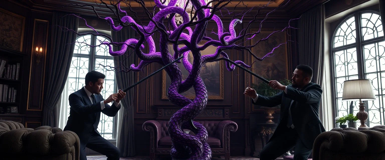 Some well dressed fighting each other with sticks to contain energy from floating chtonian dark purplish glowing snakelike tree made by twisted snakelike sticks creating weird geometric form in dramatic scene in luxury parlour in the style of Giger and Escher