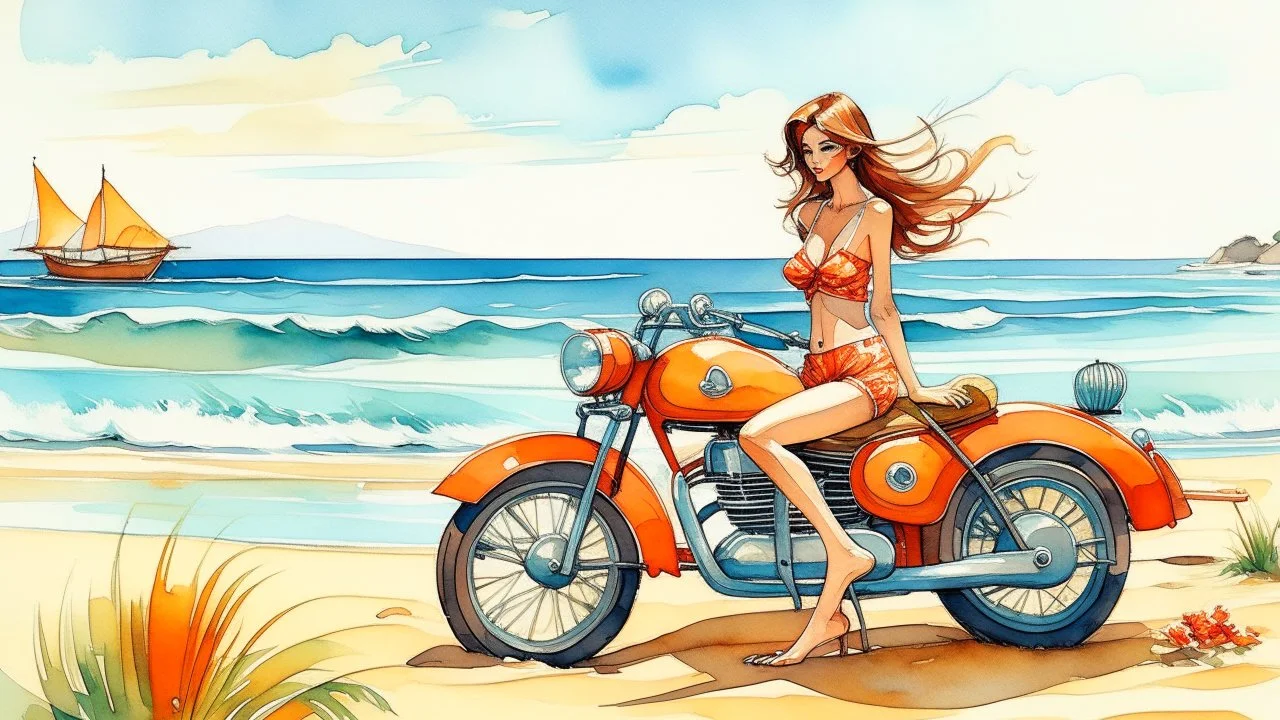 A captivating watercolor illustration of a gorgeous woman in a vibrant bikini, lounging next to a vintage motorcycle on a sun-kissed beach. The motorcycle has a classic, vintage design and adds a touch of nostalgia to the scene. The woman's relaxed pose and the waves gently lapping at the shore create a serene atmosphere. The sky is awash in vibrant hues of oranges, purples, and reds, reflecting the warm glow of the setting sun. Tall, swaying palm trees frame the scene, adding to the tropical pa