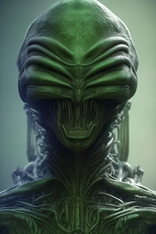 green alien, head, evil, black eyes, weapons, blood, 8k, finely detailed, photo realistic, HR Giger style