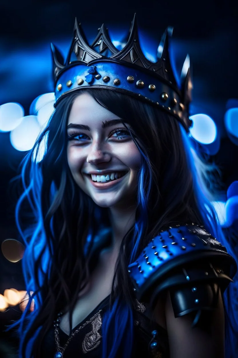 pretty young girl, good body, greath blue eyes, blue long haired, dressing a black armor, tiara, big smile, intense look, darknight sky background.