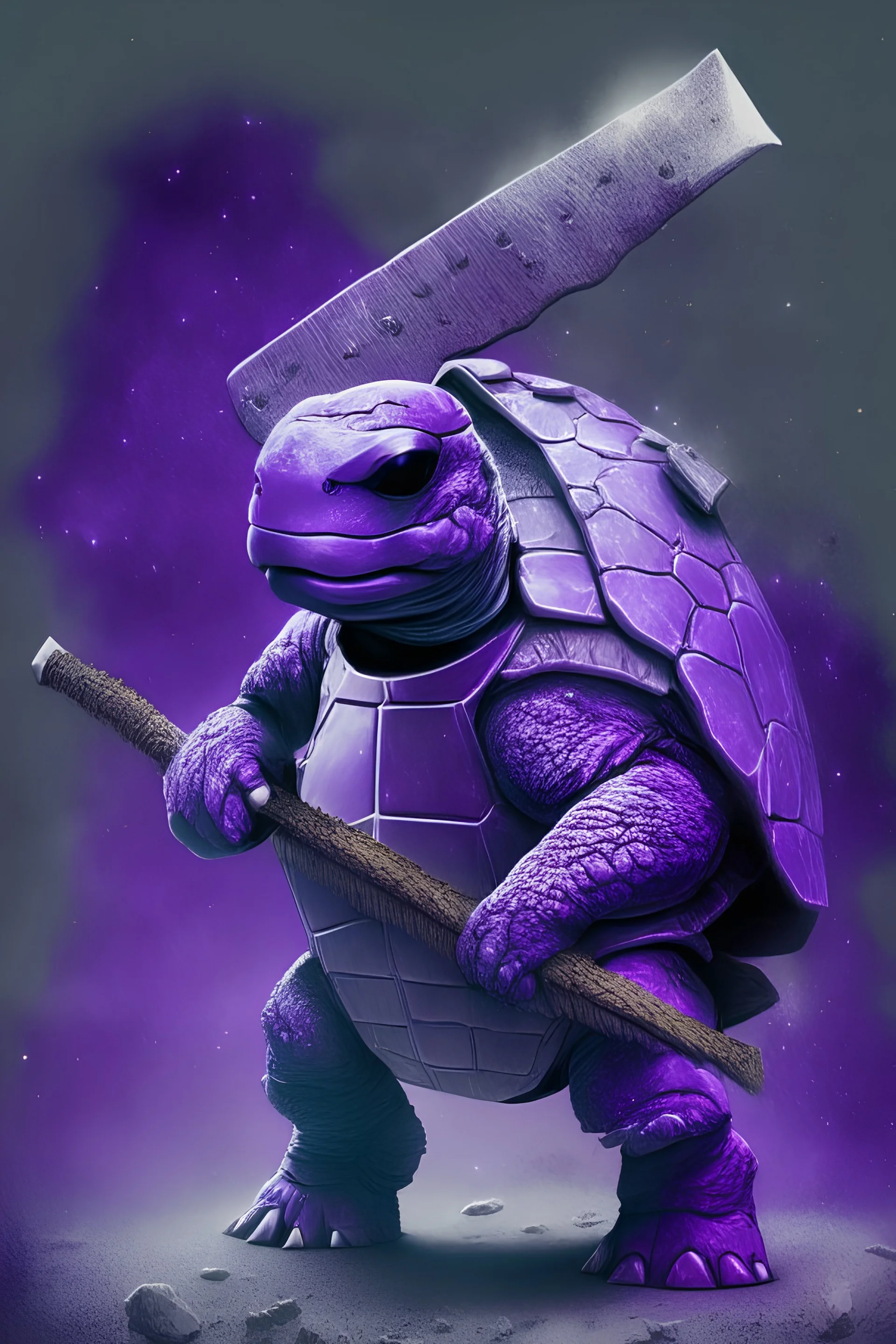 Tortuga espacial color púrpura con un hacha