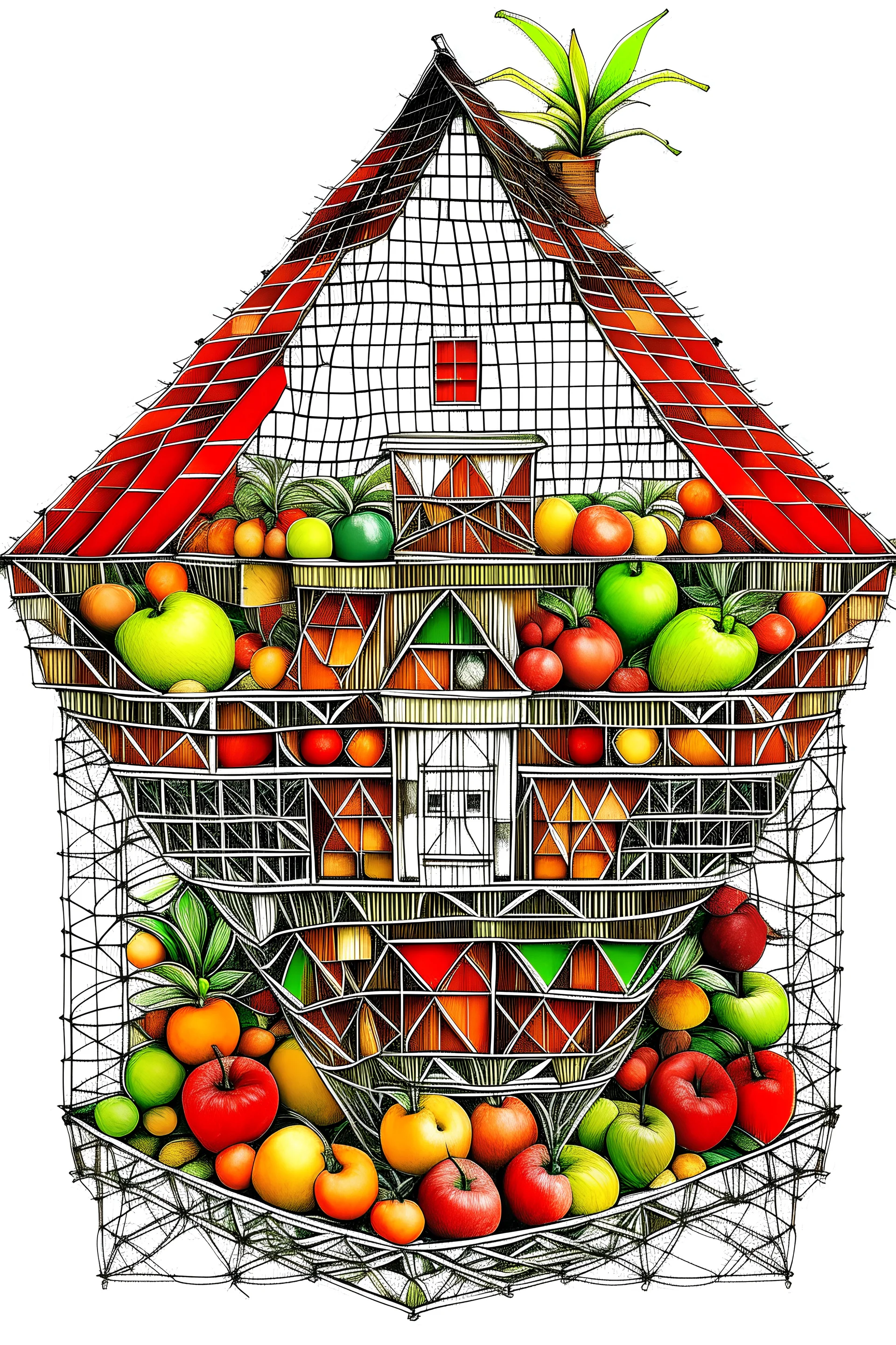 outline art, a house made from woven fruit baskets, with each room featuring a different type of magical fruit, clear line art, white background, no shadows, no tones color, no detailed artwork, angle full view, no cut parts, clear and well outlined.