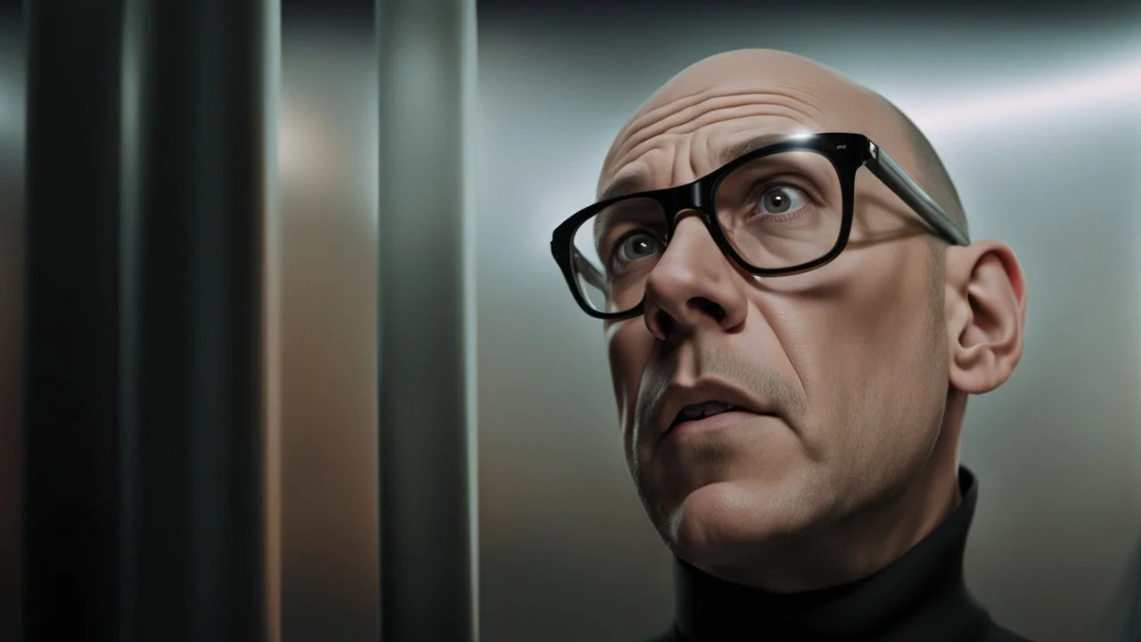 A striking, photorealistic portrait of Chris, a middle-aged european man with a slightly shaven head , wearing black square glasses, black shirta and makes a scared face. The background reveals a futuristic neon light, designed with modern, sleek lines and advanced technology. The overall ambiance gives off a sense of professionalism and cutting-edge innovation., photohigh detalied, sharp focus, professional photo
