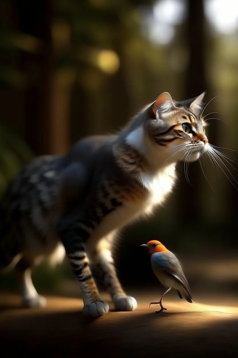 gatto che cattura uccello realistico