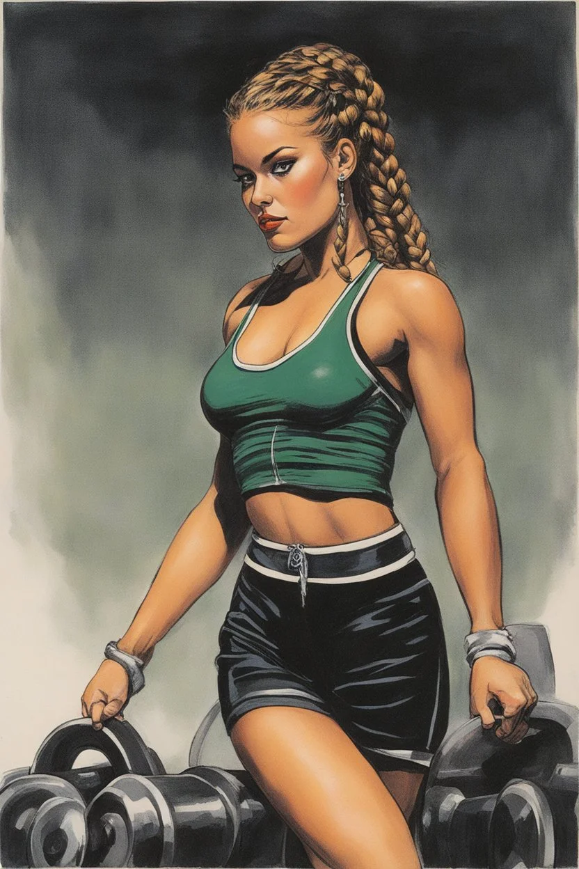 a Celtic girl with braids in a dark tight sport outfit, she does gym, panting [Original and final cover art and five interior illustrations by underground comix artist, Spain Rodriguez, from the German edition of Charles Bukowski’s book, Women, circa 1980’s.]