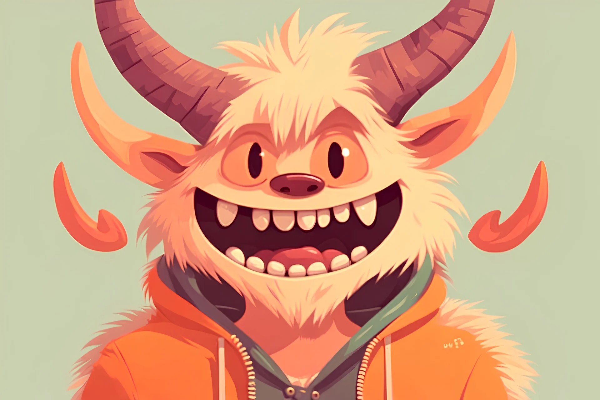 closeup on face of cute character with fur, horns and big toothy grin, peculiar character style, cute monster, skater art