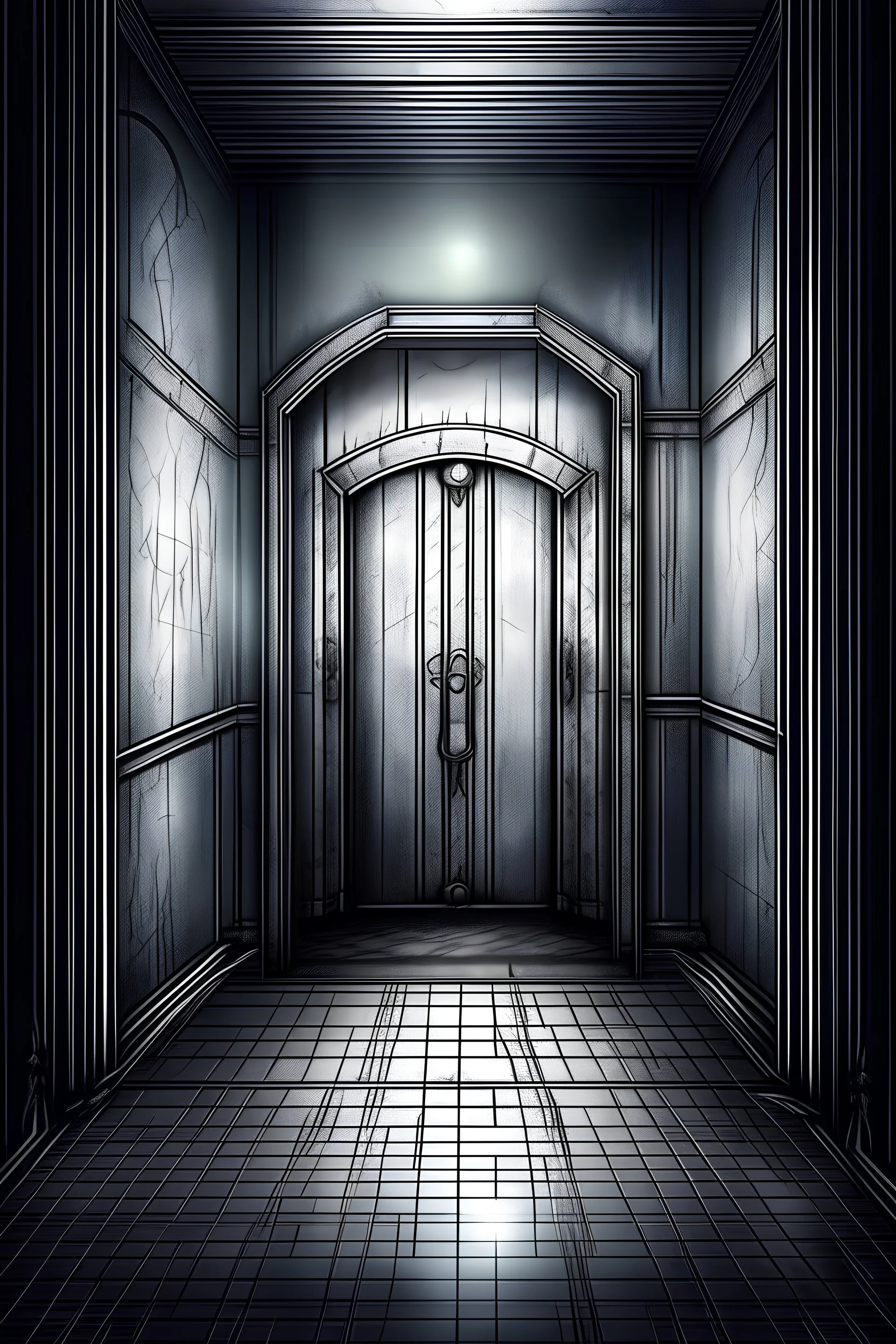 dark room inside metallic castle without windows, one lock door Mystical Wise beautiful pencil drawing, simplistic, architectural concept, pencil drawing style
