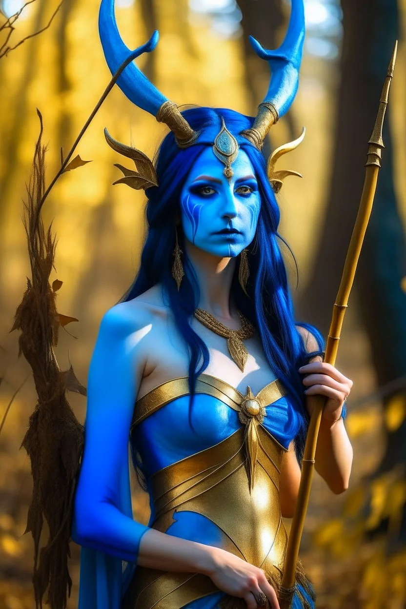 A picture of a beautiful blue faced indian goddess with skin painted blue, blue painted body, blue painted torso, wild black hair, stag antlers, elven ears, golden skirt, holding a staff in a sunny forrest