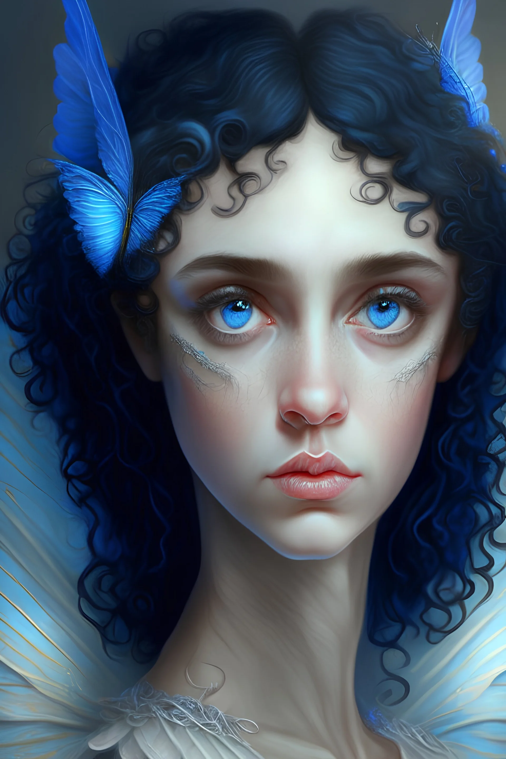 portrait of female faerie queen with curly black hair blue eyes pale skin and wings with a knowing expression