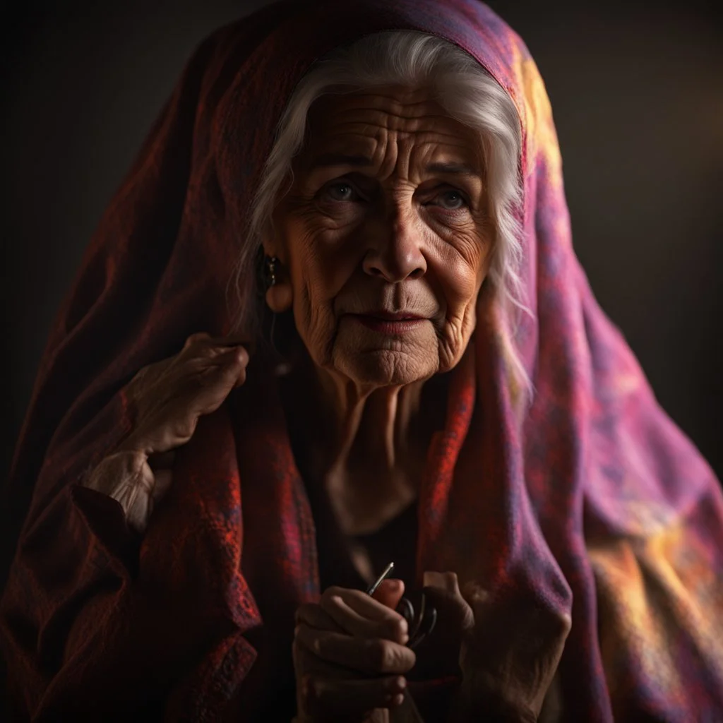 Hyper Realistic Old Female Folk Singer With Dark Studio Background & Dark Lighting