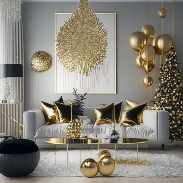 A picture of a modern living room with gold party decoration