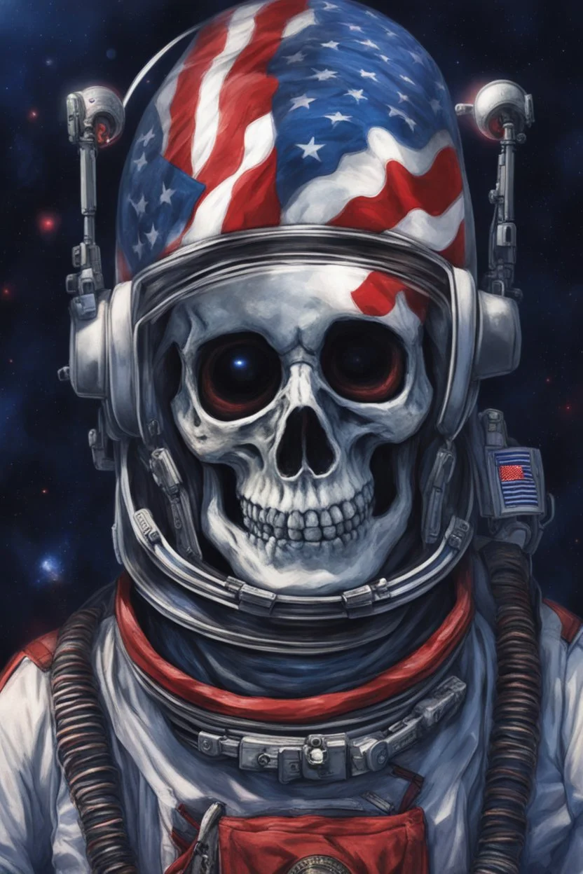 A close up of a skeleton face in an astronaut helmet and suit floating in space. inside the hollow eyes are red shining lights, scary. On his suit is an American flag and in his one hand is a small wavering American hand flag. From the back of his suit is blowing out blue, white and red smoke. Realistic, 8k, highly detailed, funny