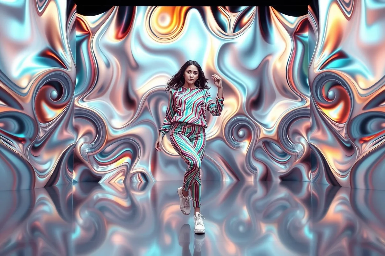 beautiful lady with todays modern clothing and sport shoes, in surreal stage made of 3d fractal random size recursive objects with helical strip colors in clothing similar to environment full body dancing to camera,animating background metallic random color and size recursive objects