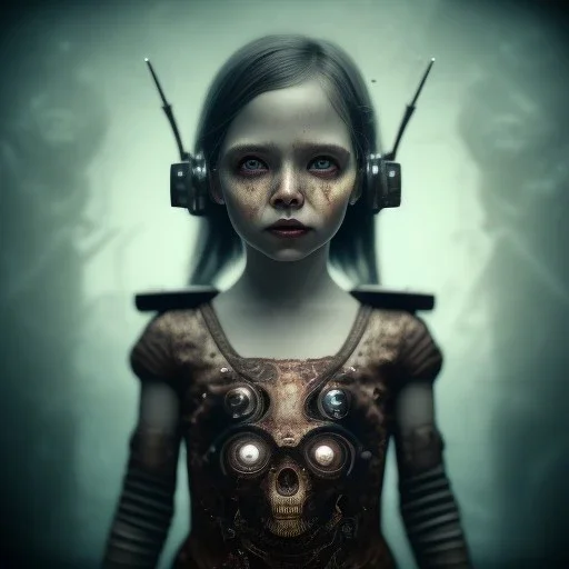 a little girl with a cyborg brain and a lot of red liquid, steam punk, scary, horror, realistic, made in octane, cinematic, ultra-realistic, extremely detailed octane rendering, 8K, VRAY Super Real ar 2:3, dof photorealistic futuristic 50mm lens hard lighting dark gray tintype photograph, realistic lighting, sephia colors