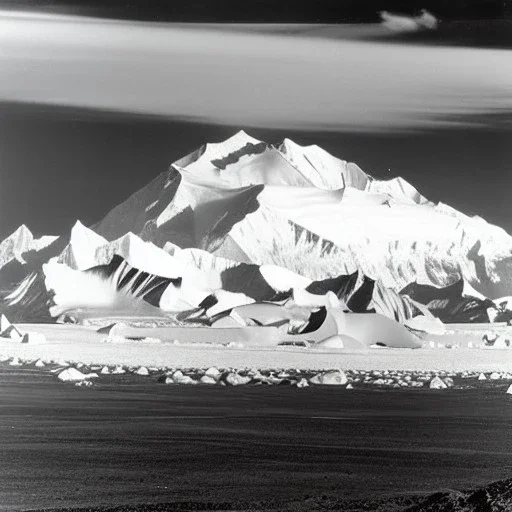 Ansel adams black & white Photo of denali in alaska, hyper realistic, zone system, even tones, rich gradients, dramatic lighting, 4k, volumetric