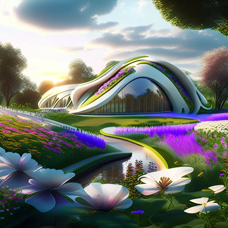 Zaha Hadid style country house hyper-realistic flower garden warm weather 8k