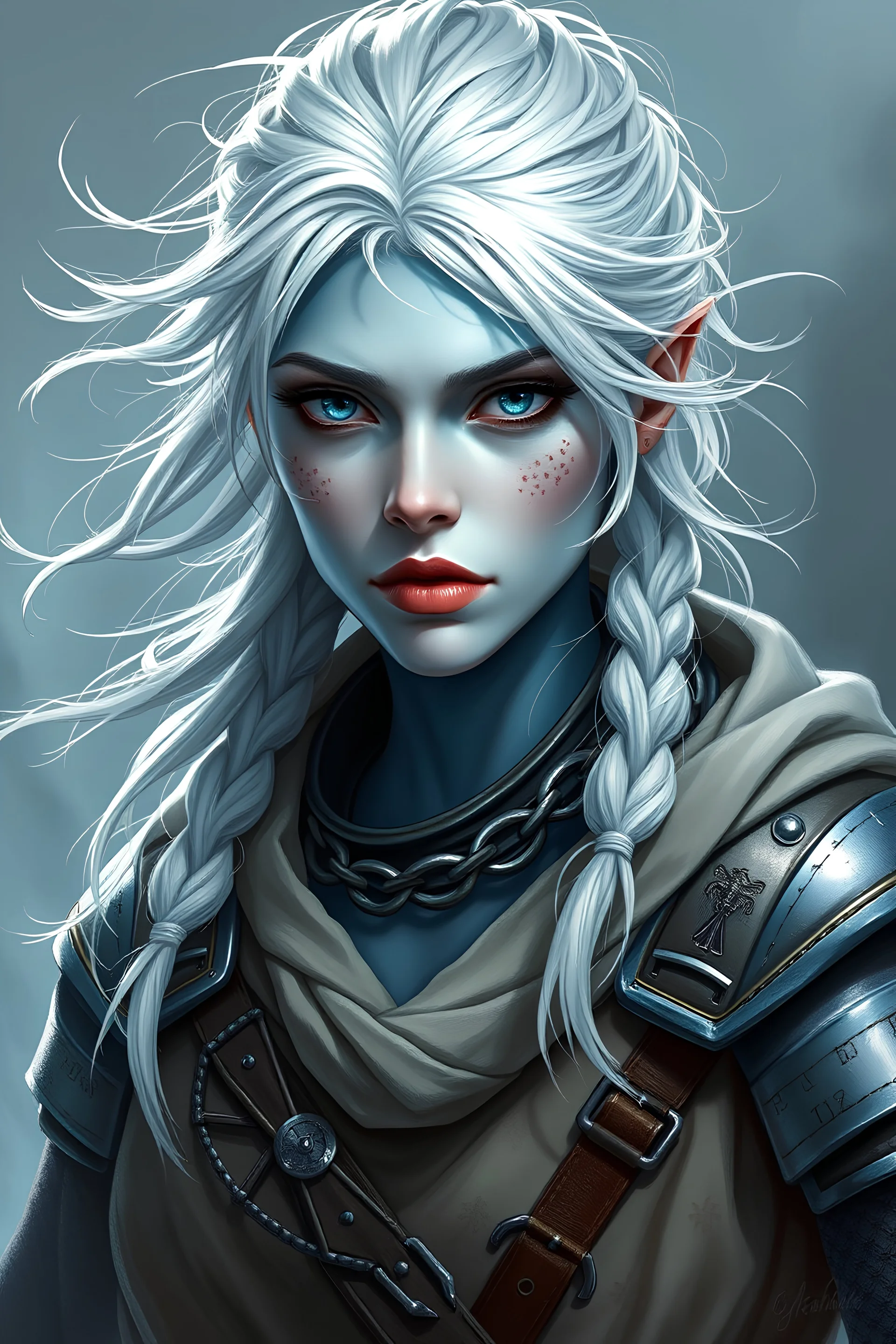 create a middle-aged female air genasi from dungeons and dragons, light blue skin, white hair, windswept, piercing dark blue eyes, wind like hair, wearing chain mail over soft robes with leather strapping, magic runes on her cheeks, realistic, digital art, high resolution, strong lighting