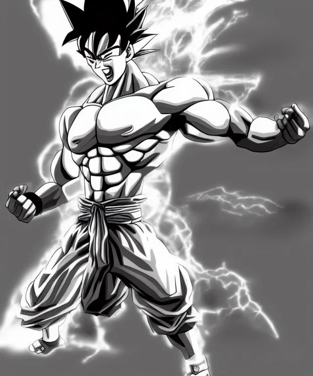 Goku, avatar style, fighting pose, muscular body, shirtless, volumetric details, hyper realism, unreal engine 5