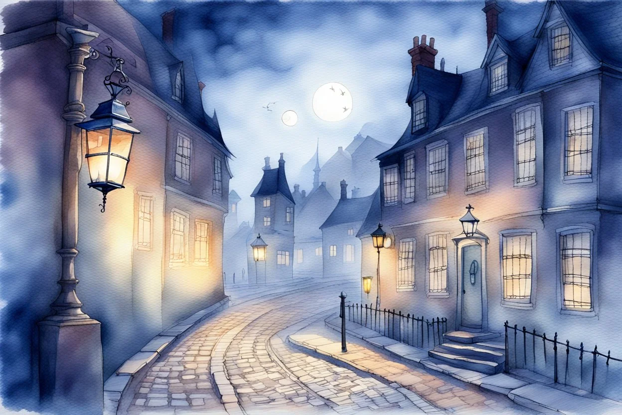 Prompt: a lantern glowing softly on a cobblestone street, mist swirling, with old Victorian houses lining the path, watercolor, mysterious, nocturnal