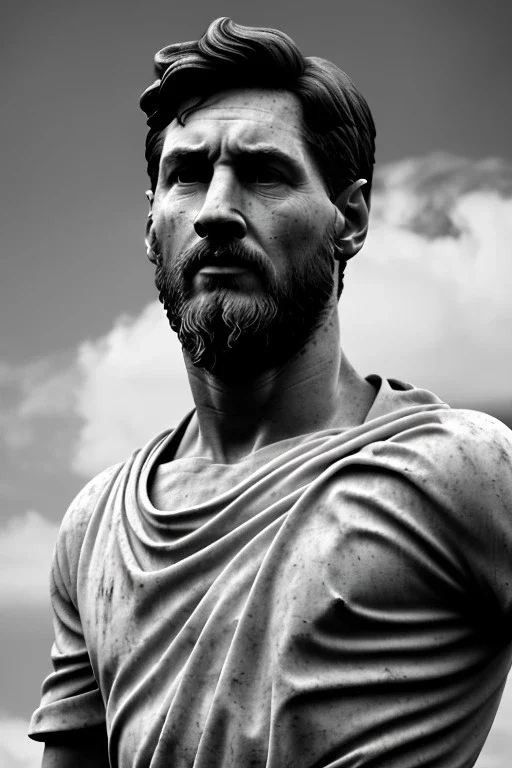 Ultra Realistic image, classical renaissance sculpture, white marble material, Lionel Messi, emperor style, chisel style, waist up portrait, epic, celestial, cinematic lighting, God light, god rays, 4k resolution, smooth details, ornate details, soft lighting, unreal engine 5, sky background.