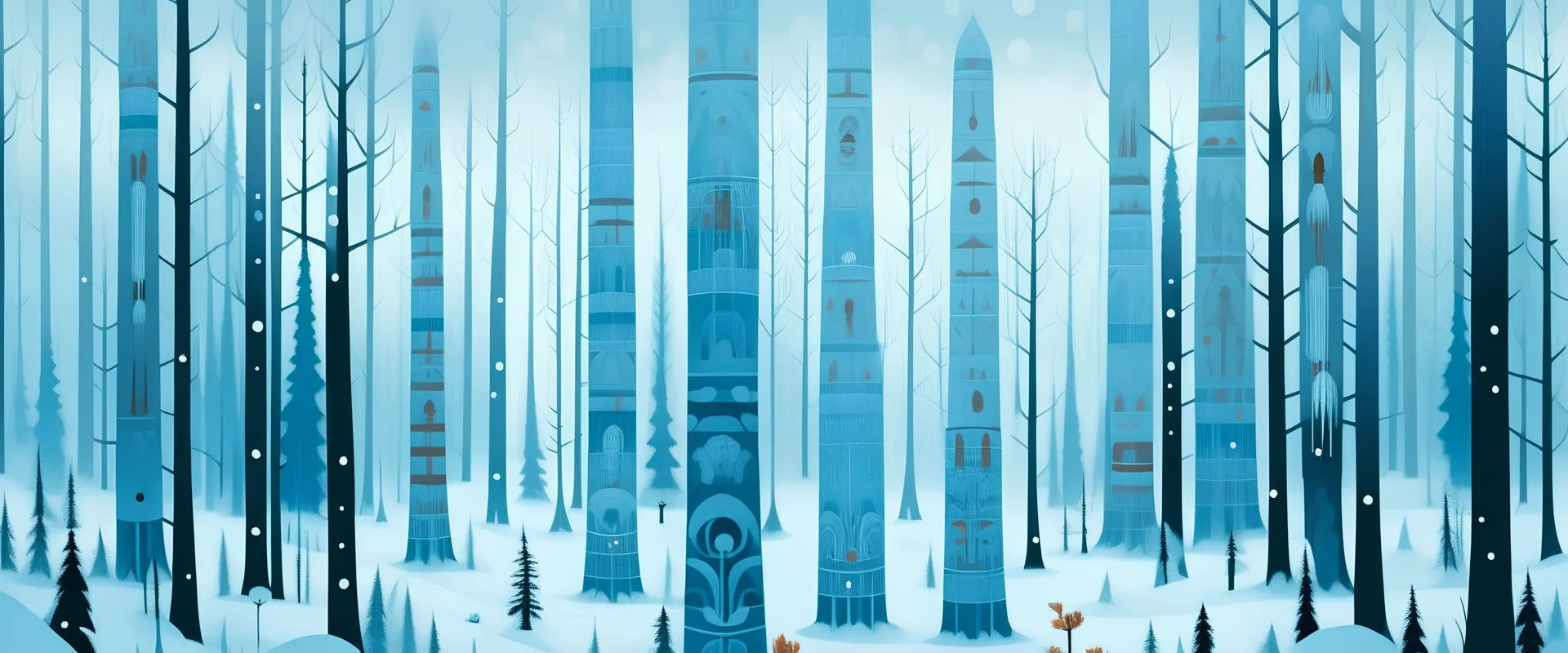 A light blue winter forest with falling snowflakes with pacific northwest totem poles