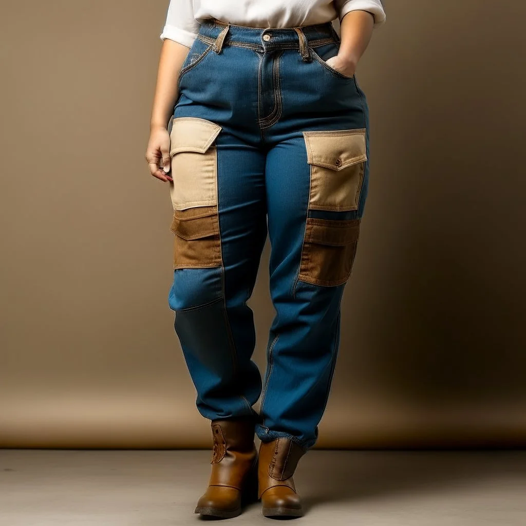 Curvy model wearing cargo jeans with patch in wool