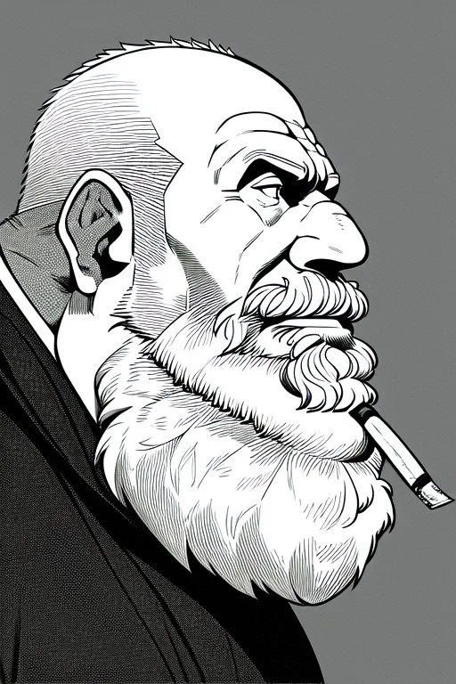 old man in profile smokes a cigar, shot hairs, greyscale