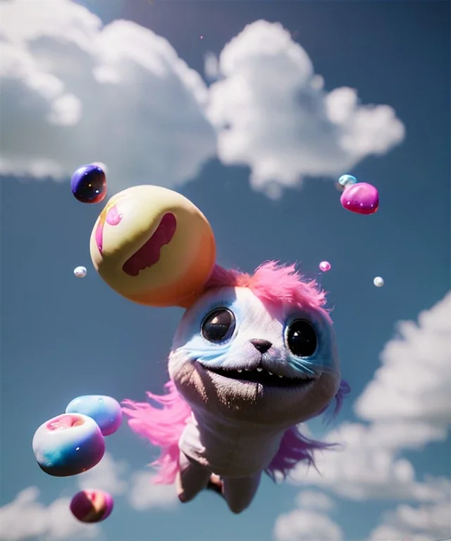 Ultra realistic speed clouds sky scene, wide angle view, sweet childs falling down, inflatable color clothing, free jumping flying, many trinkets, monster head, hair monster, many jelly beans, balls, smile, happy, circus style, extreme, wind, clouds sea, 20,000 feet altitude, stratosphere, soft color, highly detailed, unreal engine 5, ray tracing, RTX, lumen lighting, ultra detail, volumetric lighting, 3d, finely drawn, high definition, high resolution.