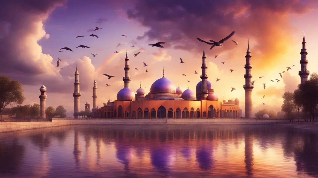 Hyper Realistic Orange & Purple Mosque with Brown Minarets riverside at beautiful cloudy sunset & Rainbow with birds flying showing dramatic & cinematic ambiance