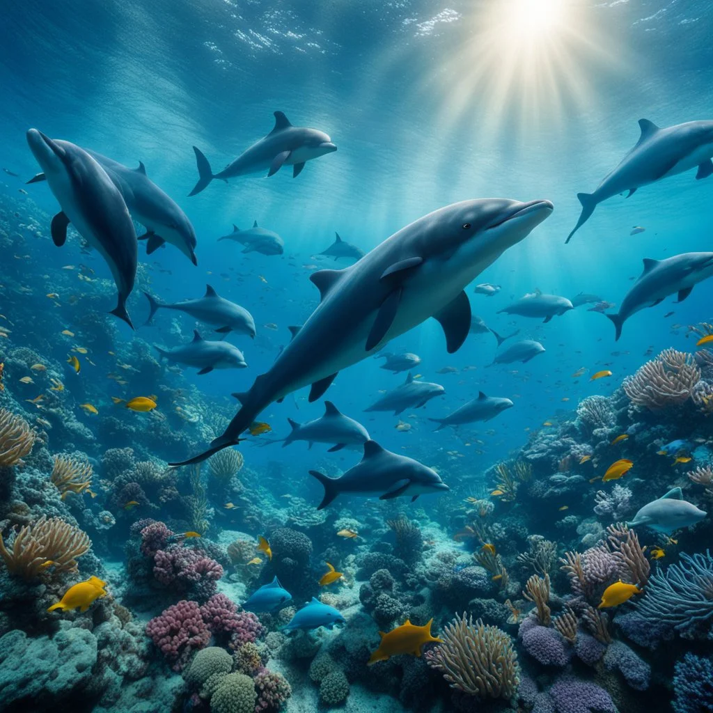 Underwater world in the Red Sea in Egypt, with dolphins and different types and colors of fish, realistic, detailed / HD quality --v 6.0, Canon EOS R5, edge lighting, cinematic lighting, translucency, extrusion and gradient value change, specular darkening and contrast, strong occlusion of the surrounding overlay, depth parallax, photorealistic, 4K , 3D