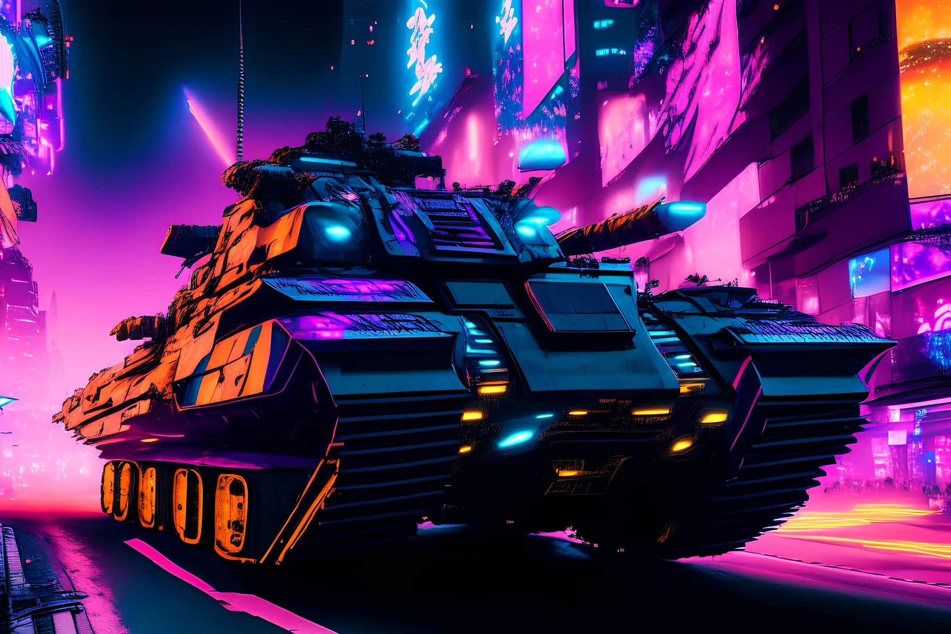 robot war tanker seen in the distance destruction in tokyo street in the heart of a neon-lit, metropolis for robots, filled with diverse futuristic technology. The scene is a blend of gritty realism and vivid imagination, with towering holographic and a cacophony of sights and sounds. 32K UHD, dynamic colors, and intricate details create an immersive and engaging image cartoon