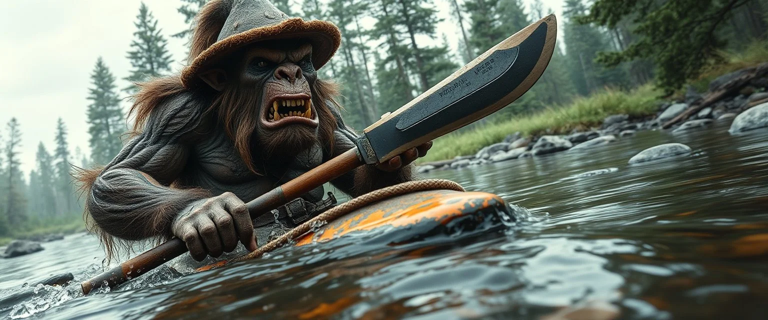 ancient ogre troll machete in kayak in stream