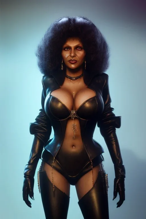 Pam Grier as evil queen in black leather, leather, busty, cleavage, angry, stern look. character design by cory loftis, fenghua zhong, ryohei hase, ismail inceoglu and ruan jia. unreal engine 5, artistic lighting, highly detailed, photorealistic, fantasy