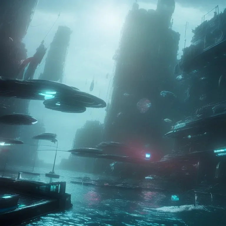 underwater, futuristic city , the city is abandoned and the water is murky and dark