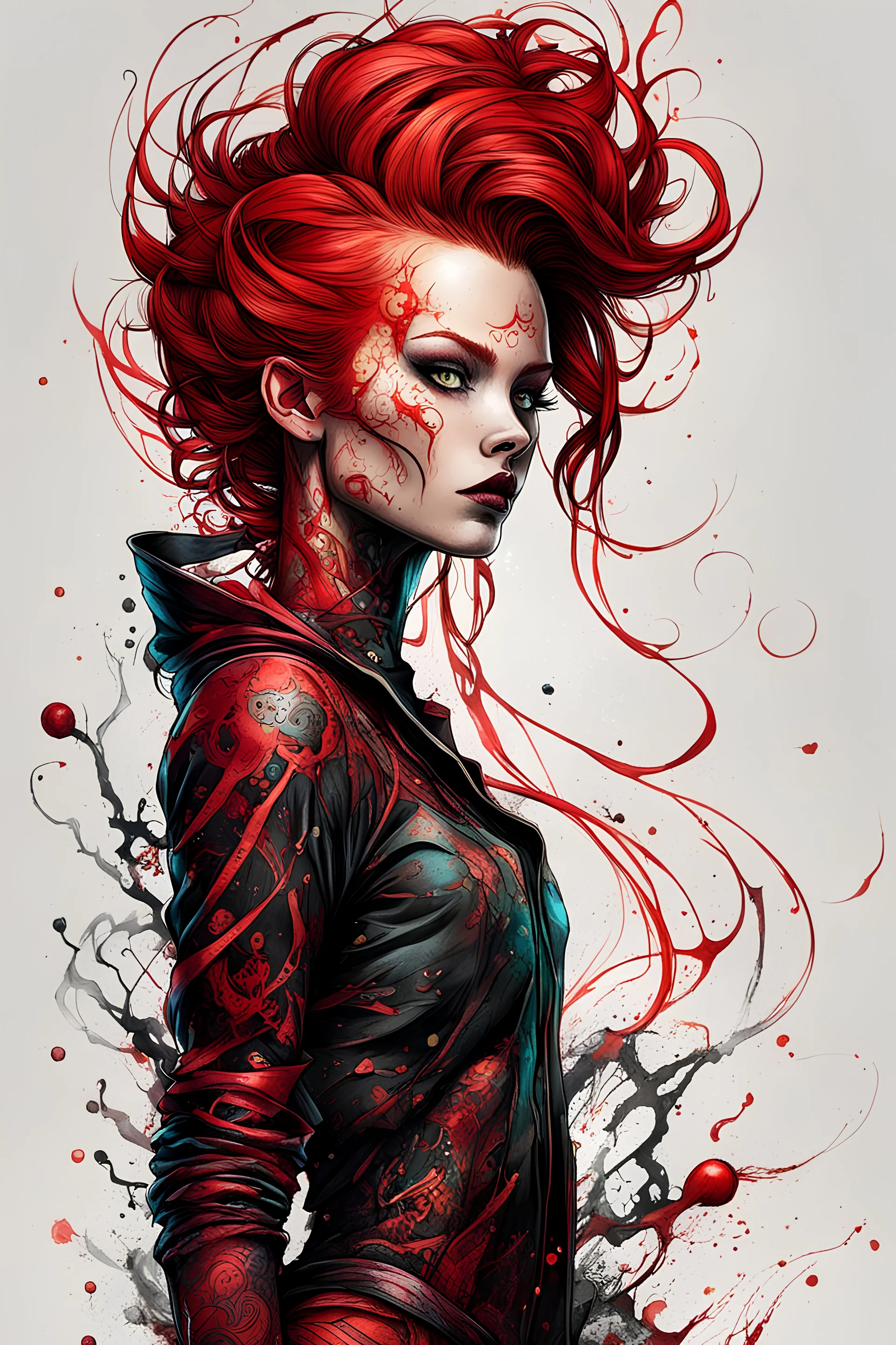 highly detailed full body character concept illustration of a red haired, Pict woman, , maximalist, sharp focus, highest resolution, in the styles of Alex Pardee, Denis Forkas , and Masahiro Ito, boldly inked, 8k, coarse, gritty textures