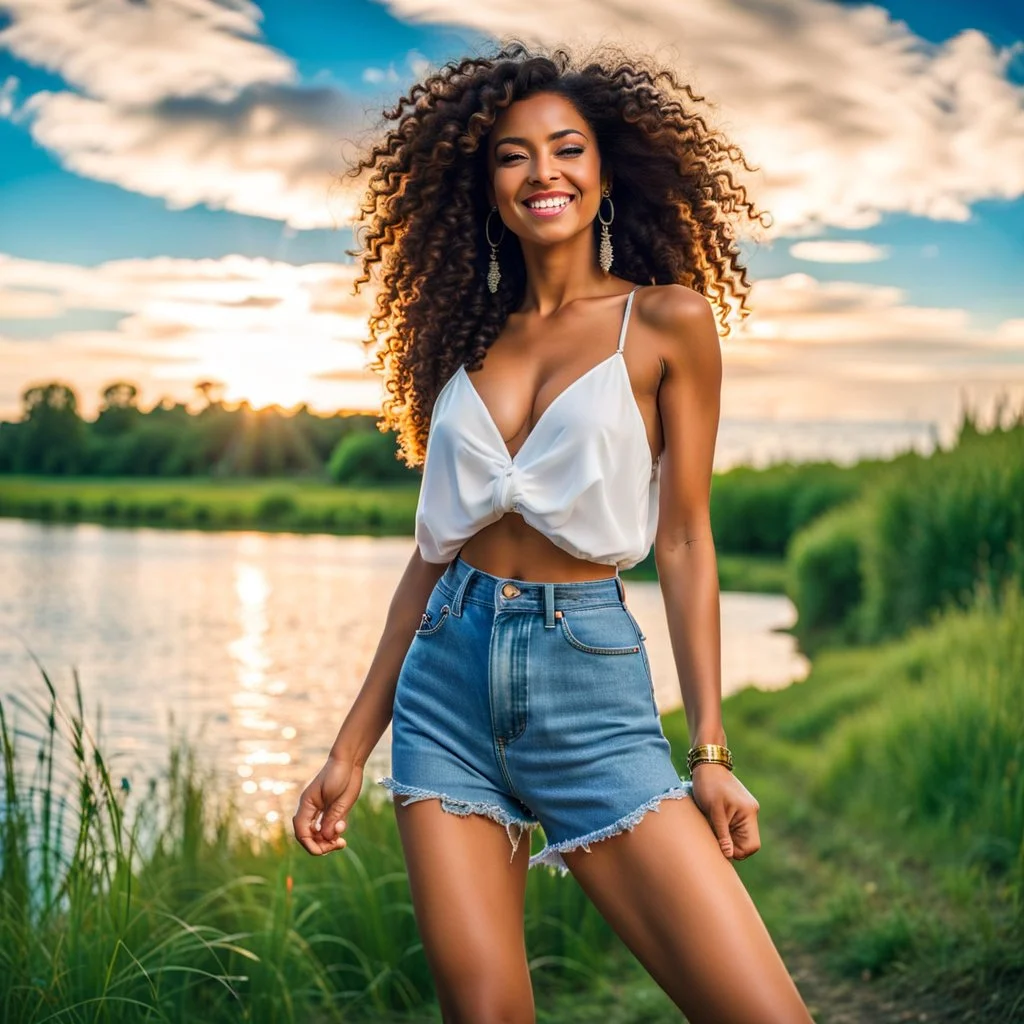 full body shot of very beautiful lady dancing in country side , curly hair ,next to small clean water river,pretty clouds in blue sky