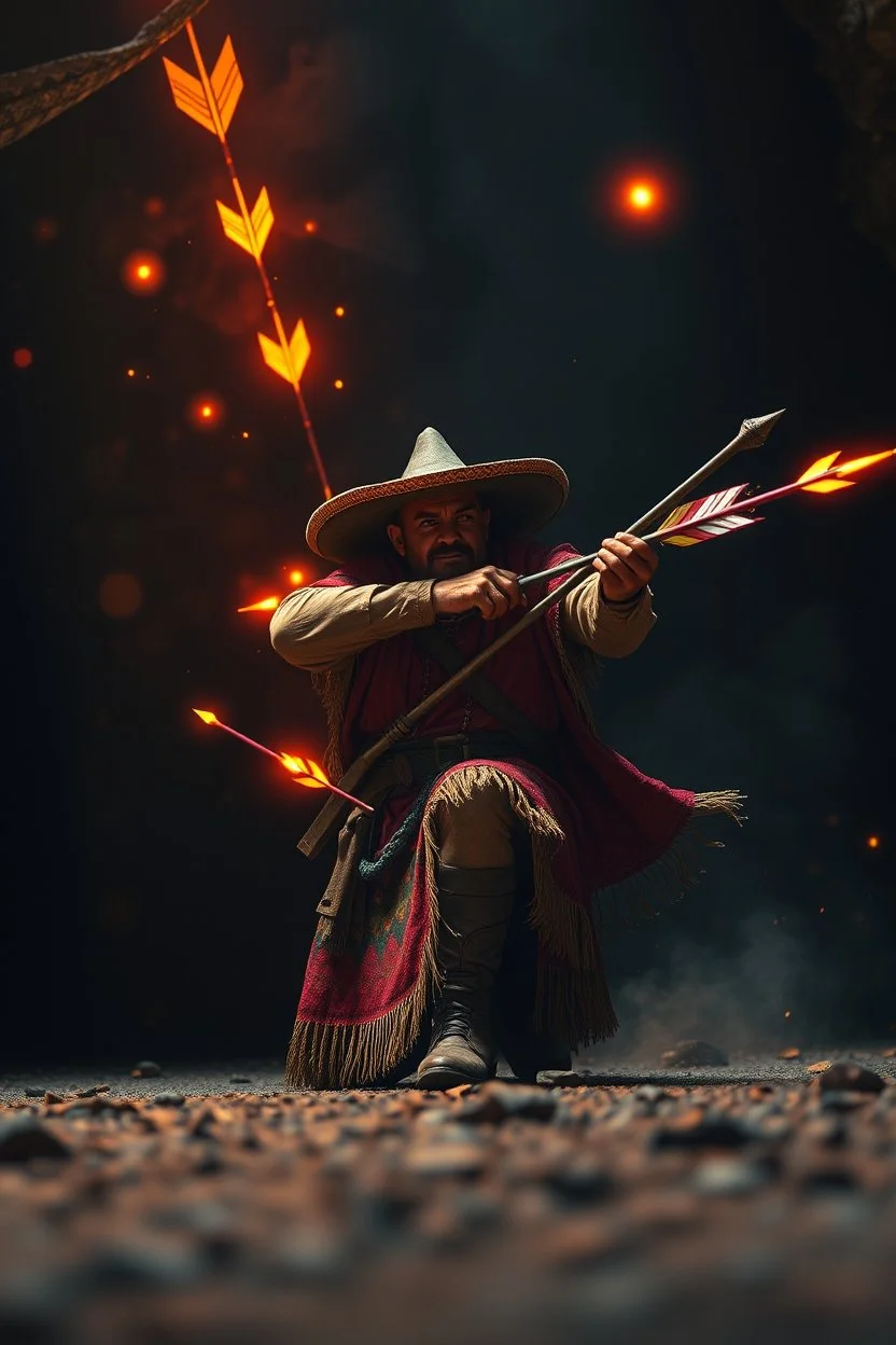 magic neon arrows flying, magic swirl, strong winds, true grit, Mexican native stand off fast draw poncho cowboy wizard on knees hurt punching fire ball whip while taking sight wand slinger, in dark cave ,bokeh like f/0.8, tilt-shift lens 8k, high detail, smooth render, down-light, unreal engine