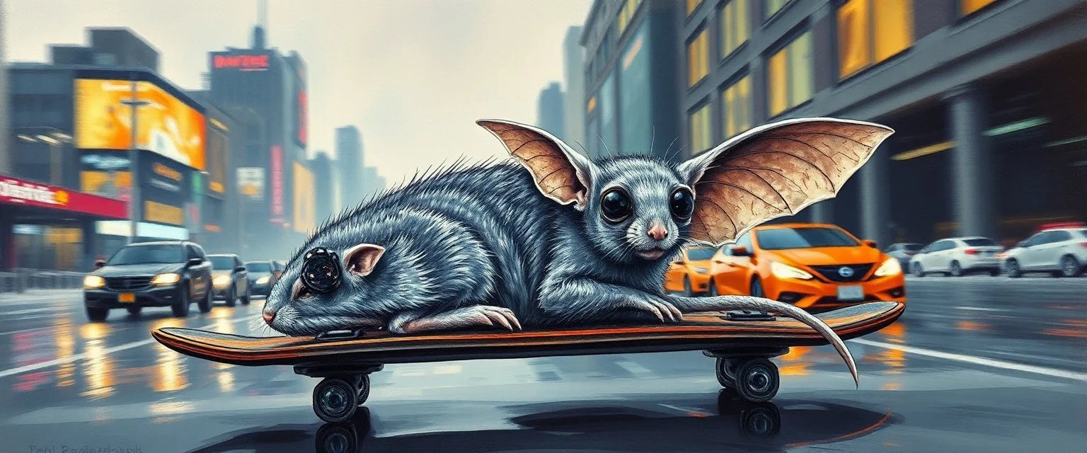 master oil painting by Rembrandt, pen outline and airbrush,the tilted quilter,glasses and ticks, cyberpunk imagery synchronized mechanical stylized fluffy gremlin rat bat laying low barely hanging on, drumming kit flat board trike flickering stable core, wet reflective salt flat city, fast motion blur background, translucent tube cars, technocrat TM
