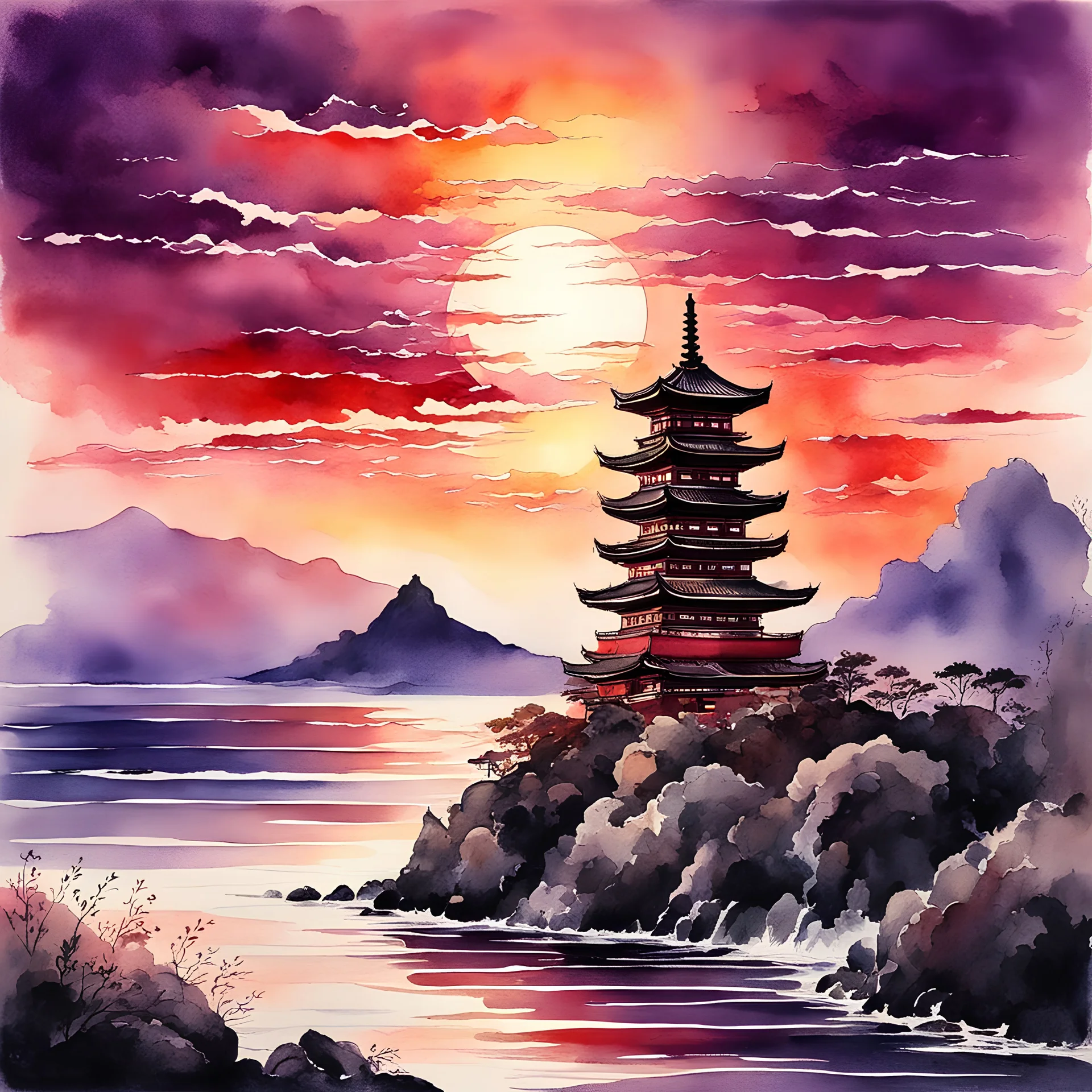 beautiful dark watercolor, dramatic, Japanese seascape at sunset, majestic pagoda perched on shoreline cliff, deep crimson and purple colors, reflective, setting sun partially obscured by clouds, sun glare effect, impressionism