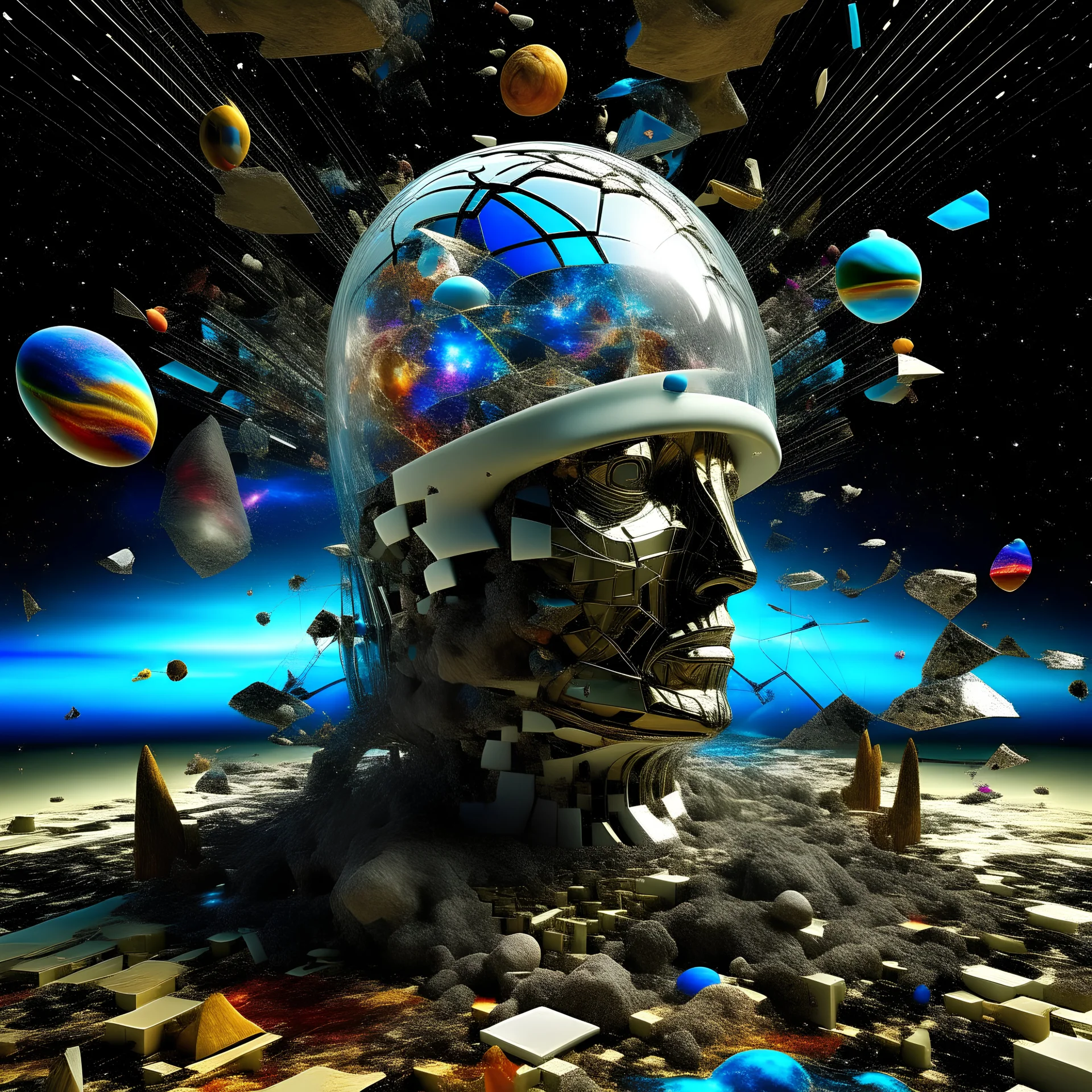 The world inside my head, a surreal glass fragmented expanding hollow head and face made up of cracked fragments floating/suspended, 3d, all the broken and cracked fragments drifting far away, inside the head is a spiral galaxy, nebulae, stars, expanding/moving away from each other suspended in the air, everything getting drawn back into the spiral in the background,a vast landscape inside the expanding mind, in the style of hieronymus bosch, fine oil painting, dutch master, , --ar 15:9 :