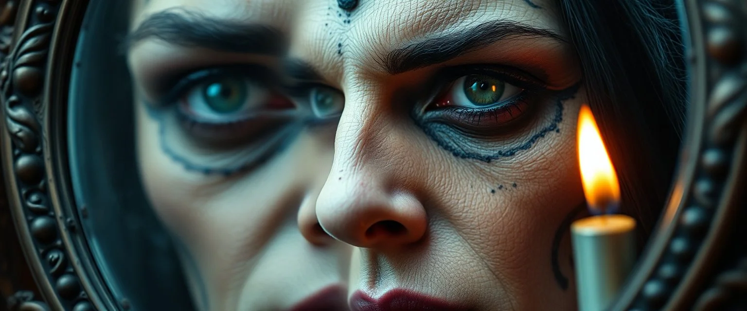 close up portrait of a voodoo transhumanism witchcraft inside double mirror