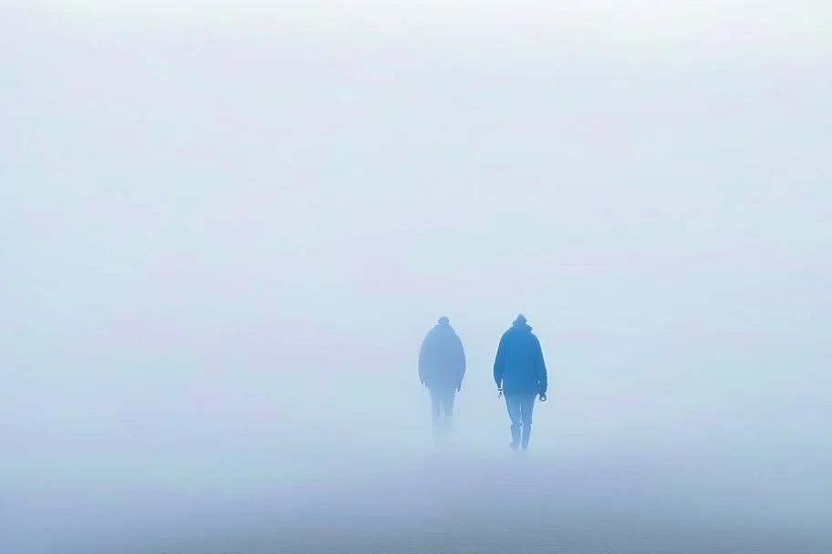 two people seen from behind walking side by side in an empty foggy plain, above there is blue sky