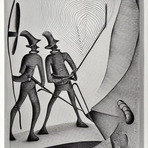 hand drawn in single line by Nicolai Blatter with hatch with parallel wavy lines metal engraving representing the Adventures of Don Quixote de la Mancha in bosch style or salvador dali style