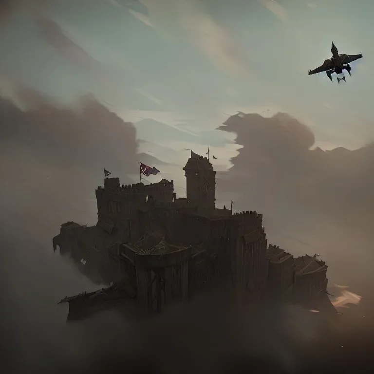 fortress with ripped flag , ww2, plane in sky , realistic