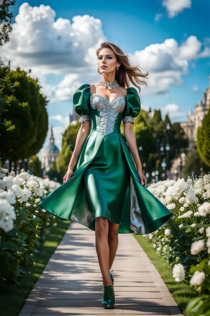 fullbody girl makeup wearing a dark green-silver victorian short dress walking in moder city of 2040 park ,flowers ,pretty clouds in blue sky,city escape.