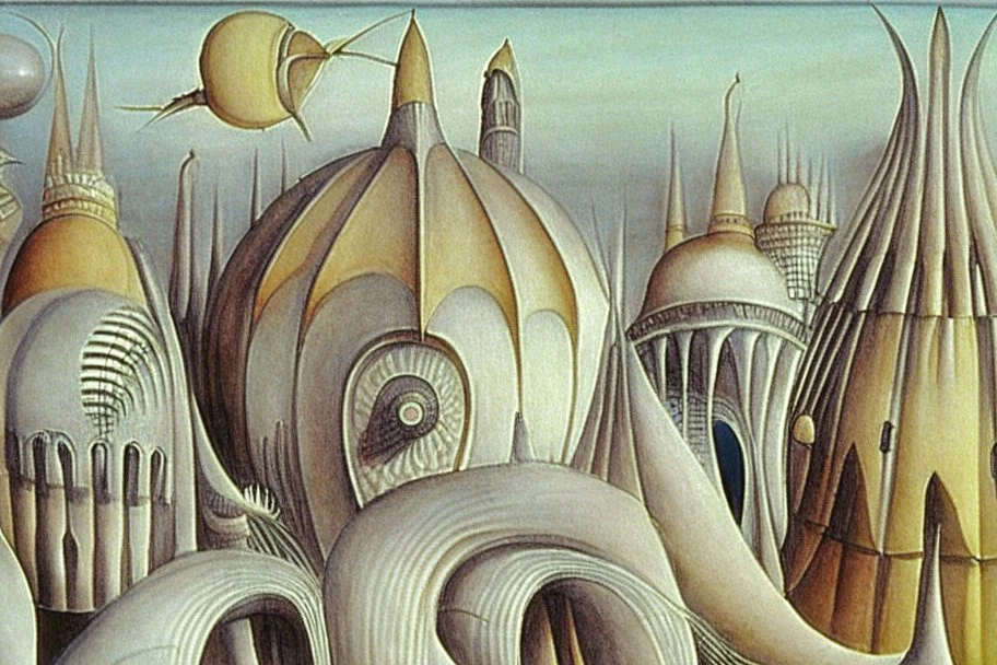 nautilus shell buildings and towers by artist "Leonora Carrington"