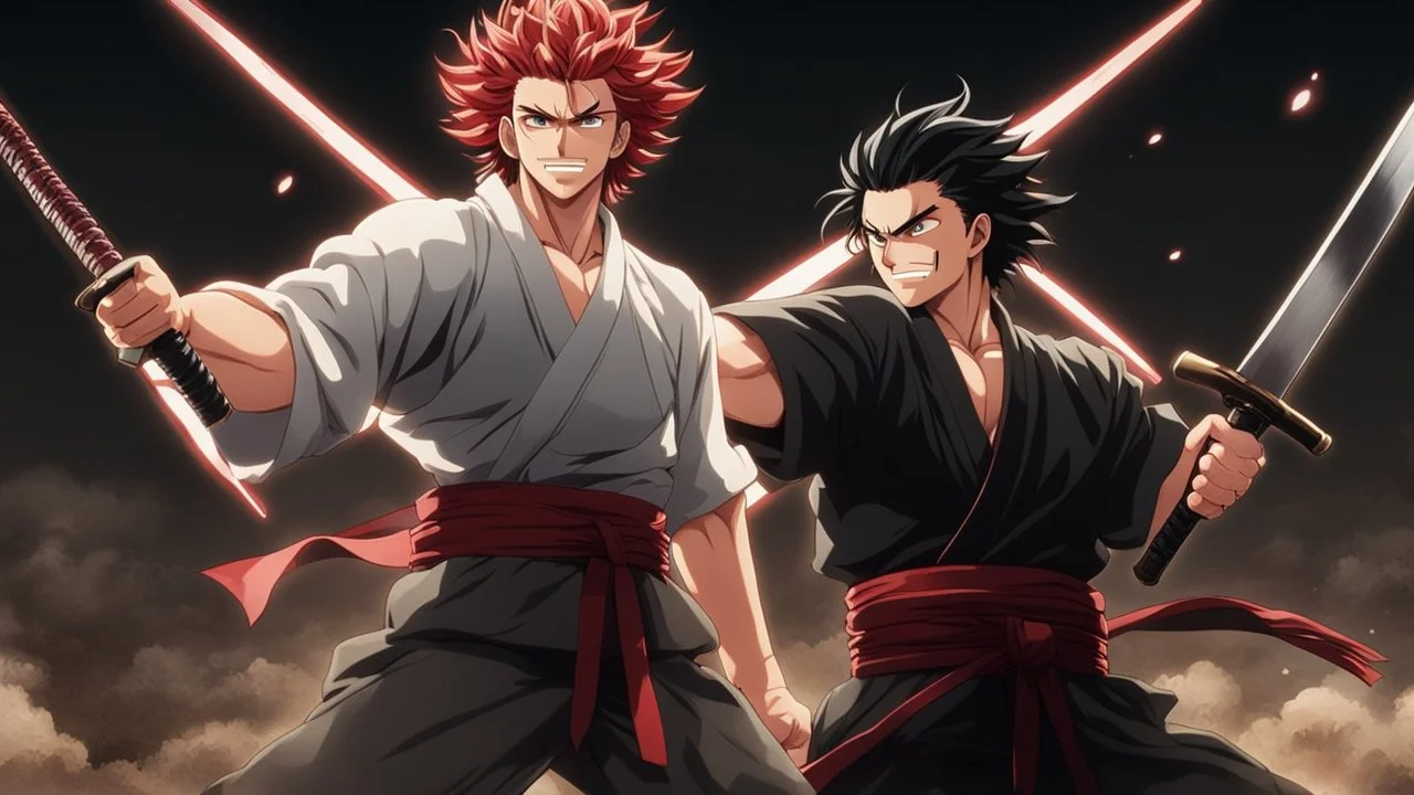 yujiro hanma vs yoriichi tsugukuni, baki vs kimetsu no yaiba, two mans standing in front of each other, a big strong man in black shirt with red hair and evil grin in battle stance facing a smaller feminine swordsman with long hair and calm face reaching for his sword in traditional japanese clothes both preparing to fight each other