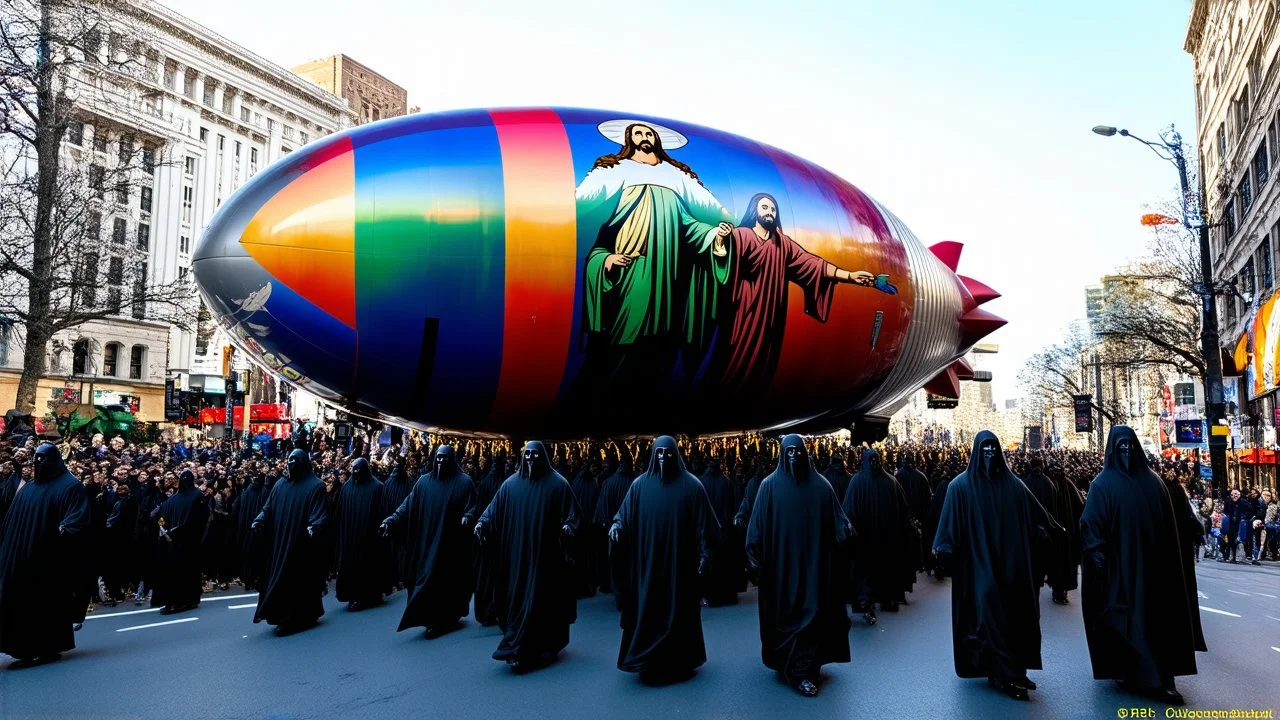 cartoonish jesus parade blimp with human form pulled by multiple grim reapers, multi colored, bright, vivid, psychedelic, high detailed, high gloss, insanely detailed, matte, horrorcore, lining the street, unsettling contrast, monument to death, live action shot grim reaper parade, pulling a jesus parade float