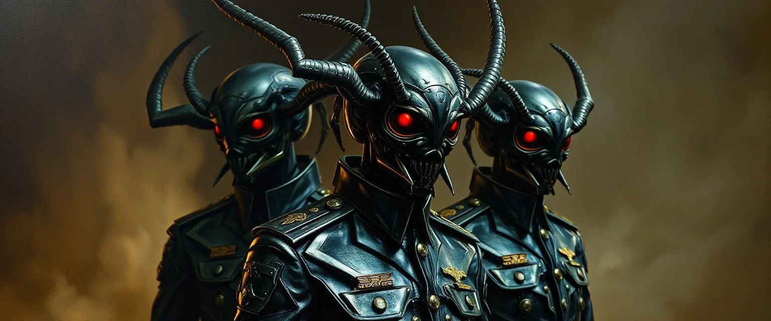 master oil painting by Rembrandt, insectoid Nephilim fascist trauma watchers glistening uniform with insignia in the style of Giger